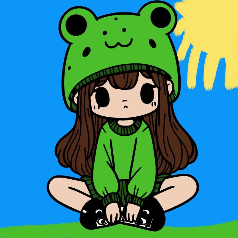 a girl wearing a frog hat and some frog socks