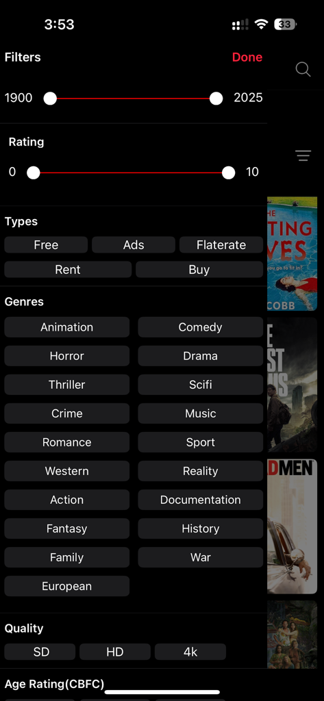 Movie Box - TV Shows & Movies - Advanced search filters in the Movie Box app for selecting movies by year, rating, genre, and video quality.