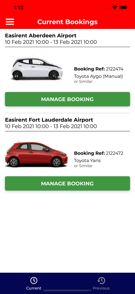 Easirent - Easirent app screen displaying current car rental bookings for Aberdeen and Fort Lauderdale airports