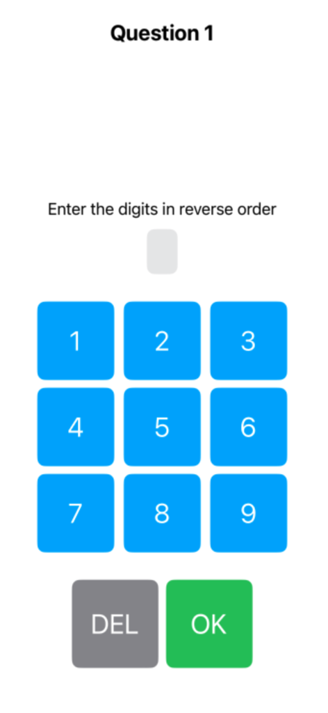 Écran de test d'étendue de la mémoire courante dans l'application PilotPass montrant un pavé numérique et des instructions pour entrer les chiffres dans l'ordre inverse.