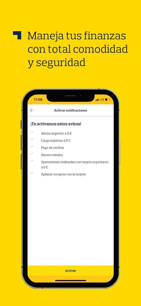 Banco Pichincha España - Banco Pichincha Spanien Mobile App-Bildschirm mit Optionen zur Aktivierung von Benachrichtigungen für Konto-Transaktionen und Kartenzahlungen