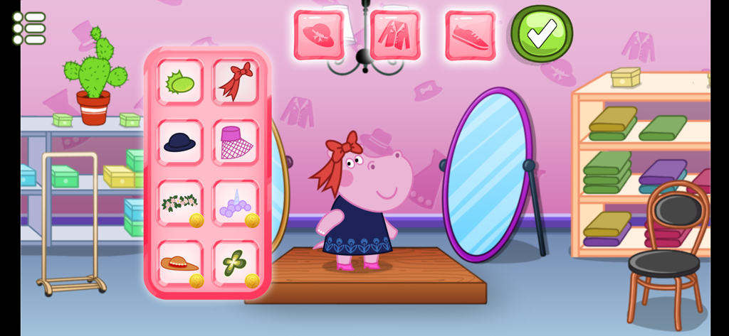 Wedding party planner game new - Personaje de hipopótamo rosa eligiendo accesorios para el cabello y sombreros en una boutique de vestidos de novia