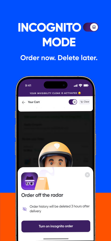 Instamart: Groceries & more - Uma tela de smartphone mostrando o recurso de modo anônimo do aplicativo Instamart, que exclui automaticamente o histórico de pedidos após a entrega