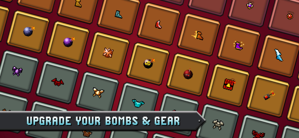 Boom Mania - Una pantalla de inventario pixel-art mostrando varios tipos de bombas y mejoras de equipo como botas y armadura.