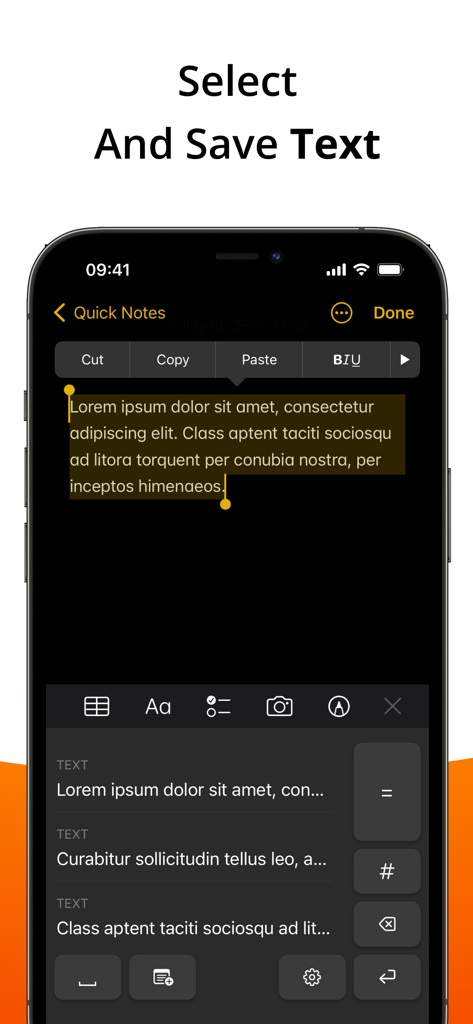 Calculator Keyboard - Calku - Calku calculator keyboard interface showing how to select and save text snippets directly within a notes app