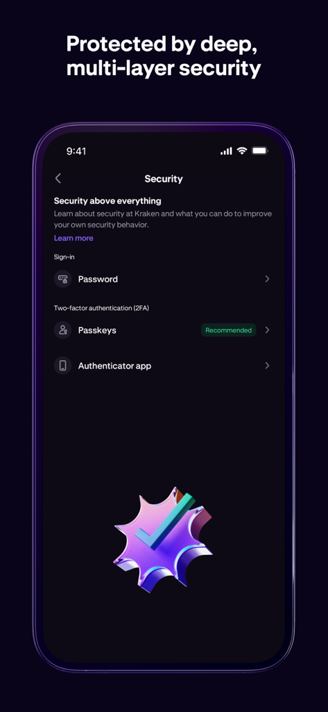 Kraken: Buy Crypto & Stocks - Schermata di sicurezza dell'app Kraken che mostra le opzioni di password e autenticazione a due fattori