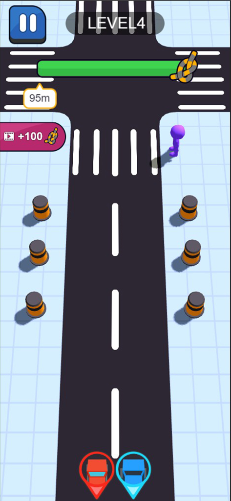 Rescue Line 3D gameplay showing a road intersection with vehicles and a pedestrian character