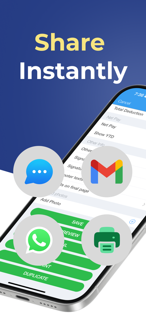Paystub Maker - Paystub Maker Mobile-Oberfläche mit Sofortfreigabeoptionen für Dokumente über E-Mail- und Messaging-Apps
