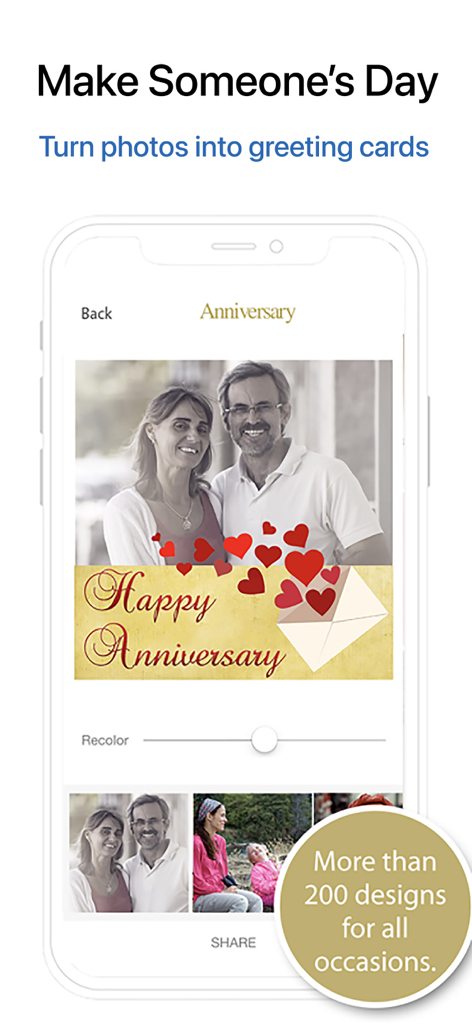Pic Scanner Gold: Scan photos - Smartphone screen showing a personalized anniversary card created from a scanned photo in Pic Scanner Gold