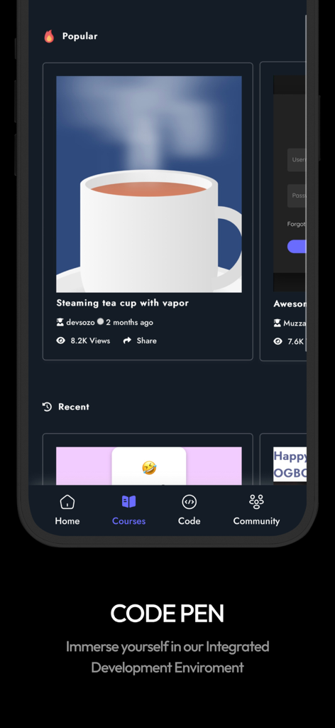 aptLearn - aptLearn mobile app interface showing the Code Pen integrated development environment