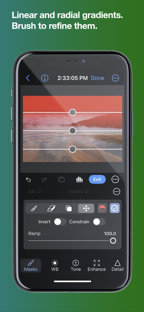 Nitro Photo app on iPhone showing a linear gradient mask being applied to a landscape photo