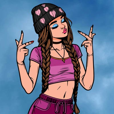 realistic teenage girl with braids and a beanie and crop top doing 🫶🏼