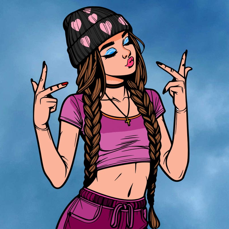 realistic teenage girl with braids and a beanie and crop top doing 🫶🏼