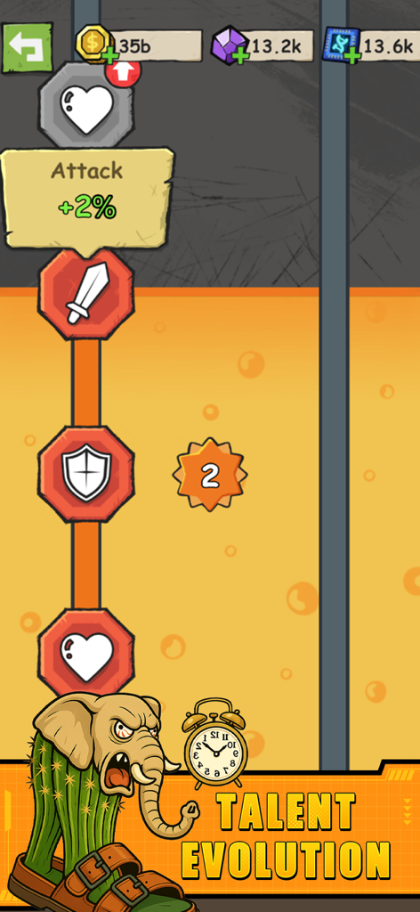 Blade Clash: Hero Rush Games - Character talent evolution screen in Blade Clash showing attack and health progression paths