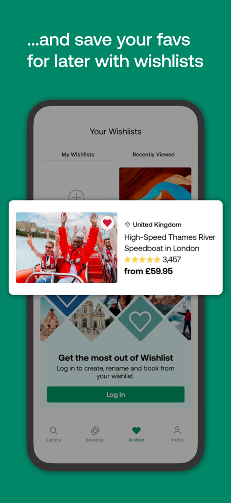 Viator Tours & Attractions - Viator app screen showing a travel wishlist with a London speedboat tour and user reviews.