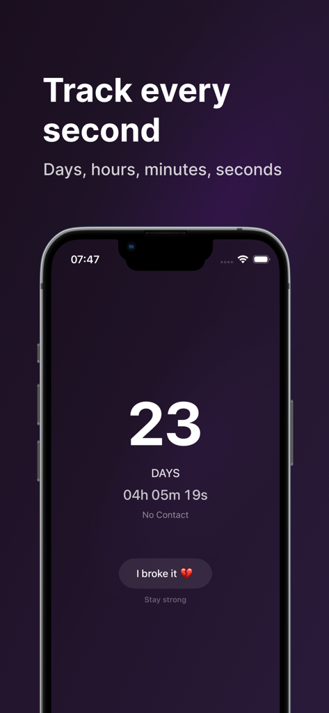 A minimalist mobile app screen tracking twenty three days of no contact with a breakup recovery timer