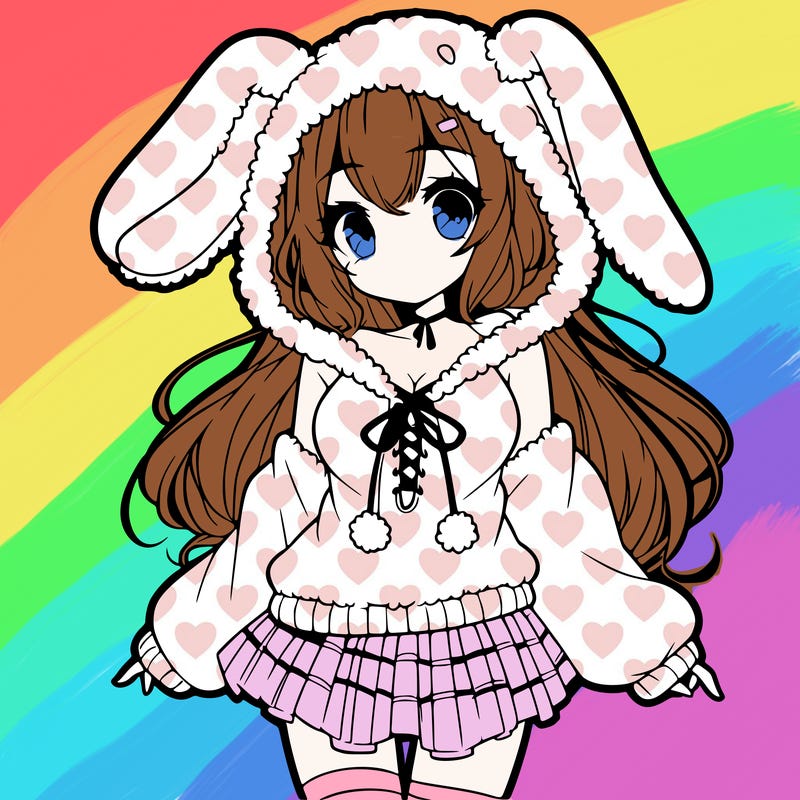 pretty anime girl wearing a fluffy hoodie with bunny ears on the hood and a skirt
