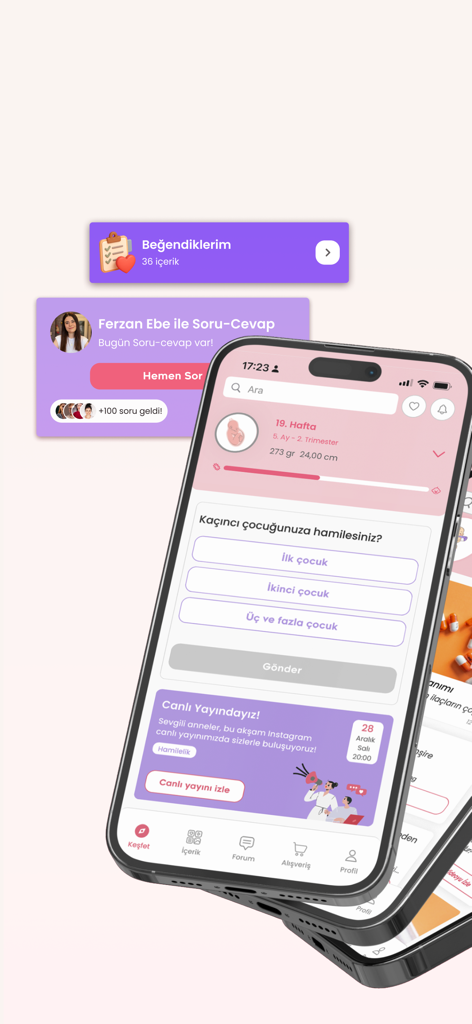 Momy: Bebek & Hamilelik Takibi - Interface de l'application mobile Momy montrant le suivi de la semaine de grossesse et la section questions-réponses des experts.