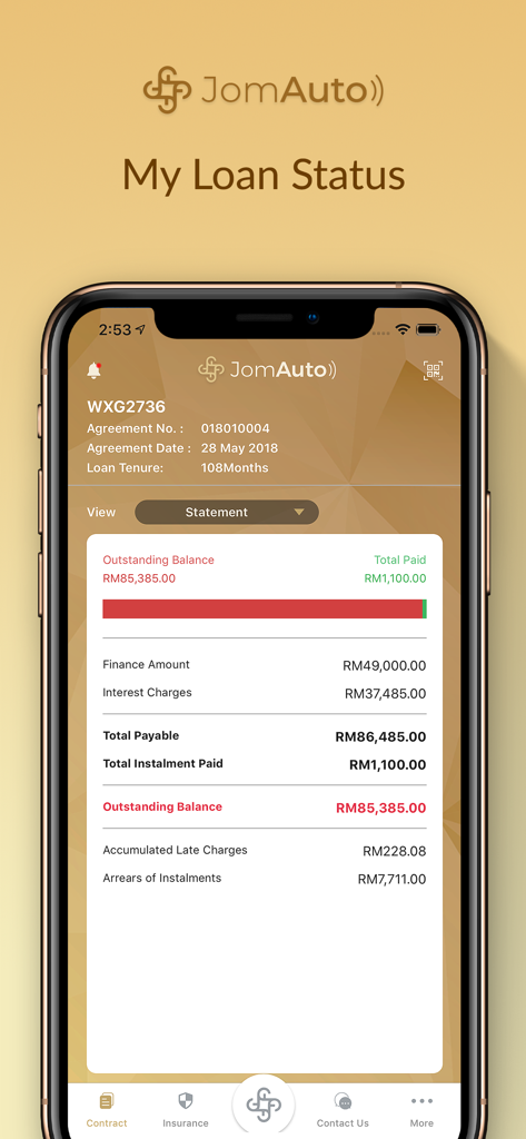 JomAuto - Interfaz de la aplicación móvil JomAuto que muestra un estado detallado del préstamo del automóvil, incluido el saldo pendiente y el historial de cuotas.
