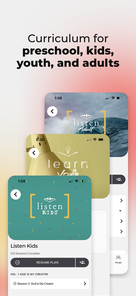 Bible Engagement Project app showing curriculum for kids youth and adults