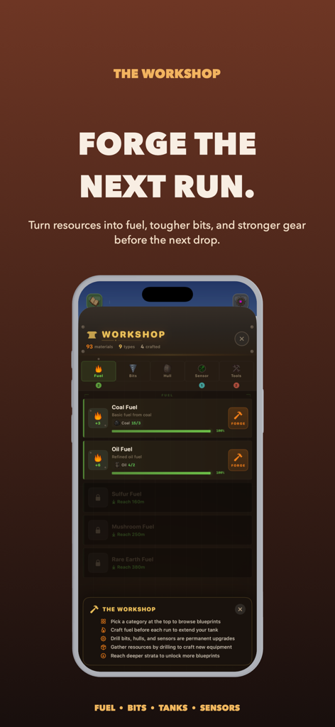 Digline: Cozy Mining - Workshop interface in Digline Cozy Mining for crafting fuel and upgrading gear