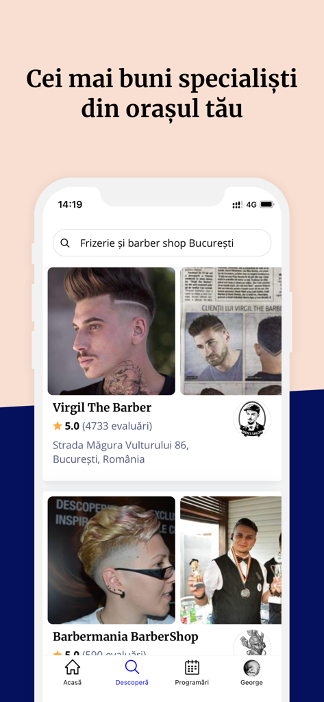 MERO - Programări Online - Mobile app interface of MERO showing search results for barbershops in Bucharest with specialist photos and ratings.