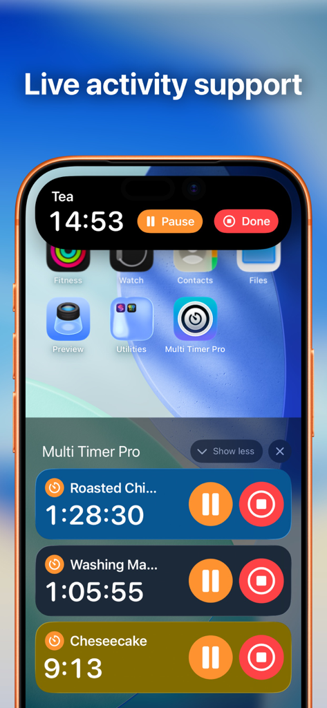 Multi Timer Pro app interface showing multiple active timers in Dynamic Island and Live Activity on an iPhone screen