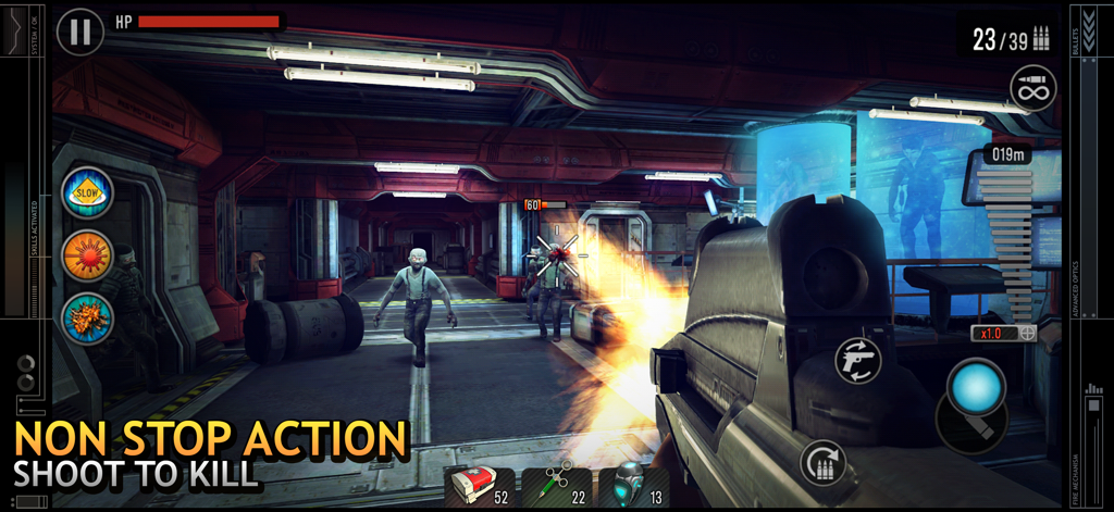 Last Hope Sniper - Zombie War - FPS gameplay of Last Hope Sniper showing a player shooting zombies in a high tech hallway.