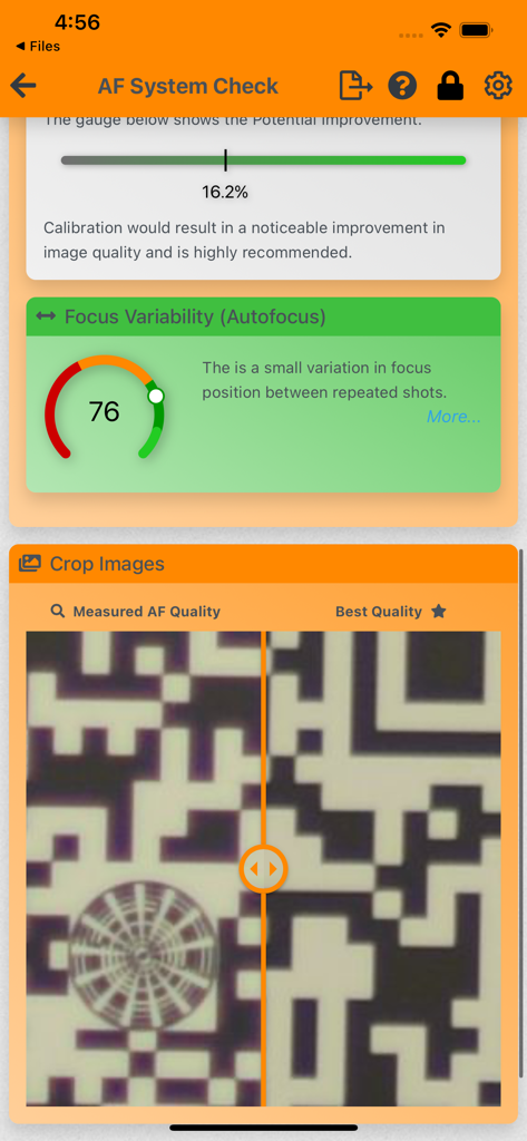 Pantalla de resultados de calibración del enfoque automático de FoCal Mobile que muestra puntuaciones de rendimiento y una comparación de imágenes lado a lado
