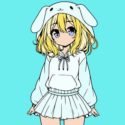 pretty anime girl wearing a fluffy hoodie with bunny ears on the hood and a skirt