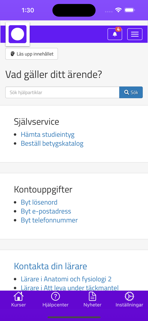 Omniway Learning - A screenshot of the Omniway Learning app help center showing self service student options in Swedish