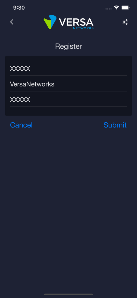 The registration screen of the Versa SASE Client app featuring fields for enterprise network setup.