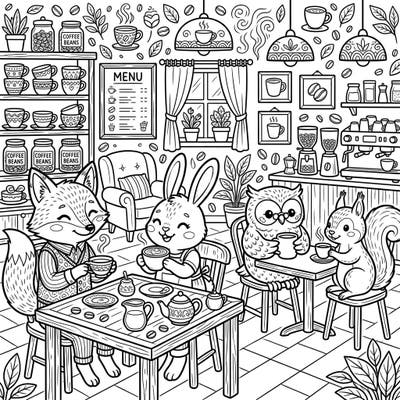 Step into a charming cafe where adorable animals gather for a delightful coffee and tea break. This intricate coloring page invites you to bring a cozy scene of friendship and warmth to life with your favorite colors.