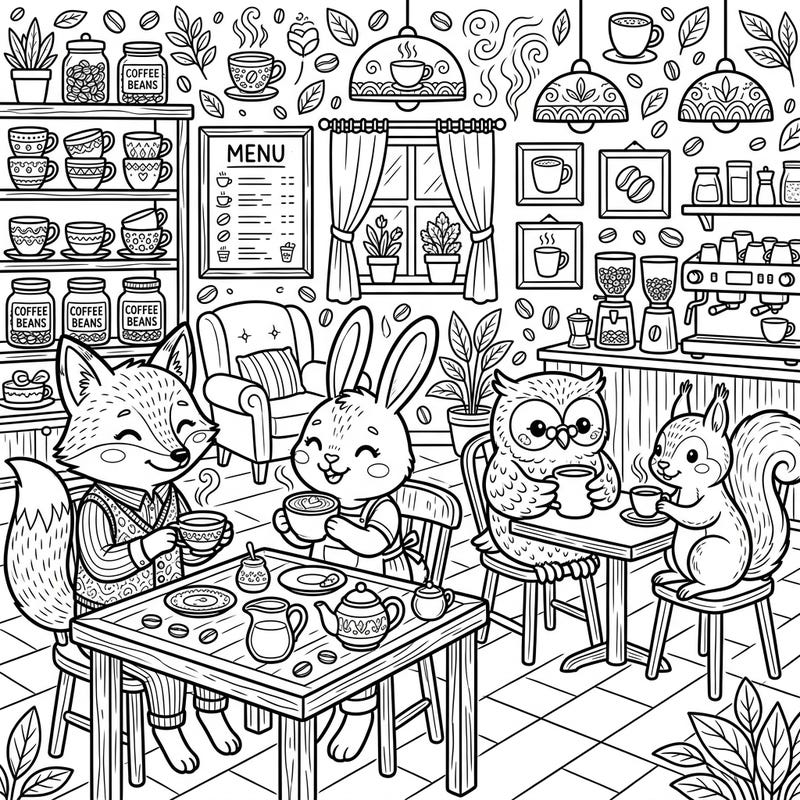 Step into a charming cafe where adorable animals gather for a delightful coffee and tea break. This intricate coloring page invites you to bring a cozy scene of friendship and warmth to life with your favorite colors.