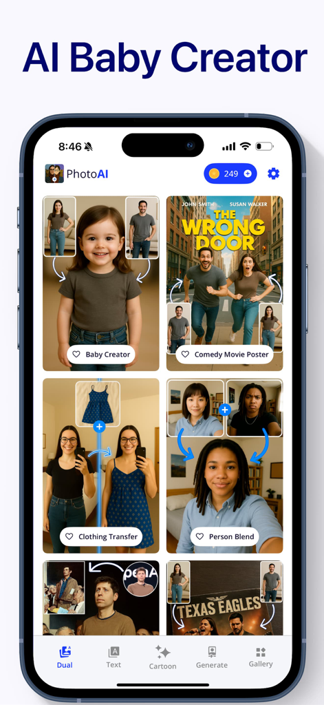 Cartoon Photo Editor: Photo AI - Interface of the Cartoon Photo Editor app showcasing AI baby creator and various photo transformation tools