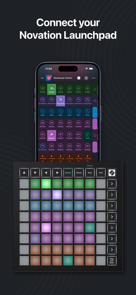 Launchpad app on iPhone connected to a Novation Launchpad hardware controller