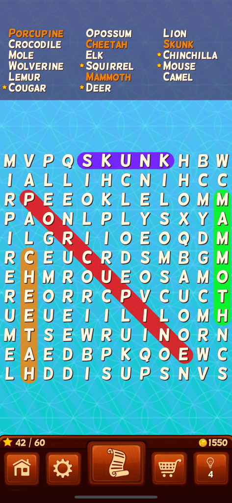 Une grille de jeu de mots mêlés avec des noms d'animaux comme Mammouth et Mouffette mis en évidence en différentes couleurs