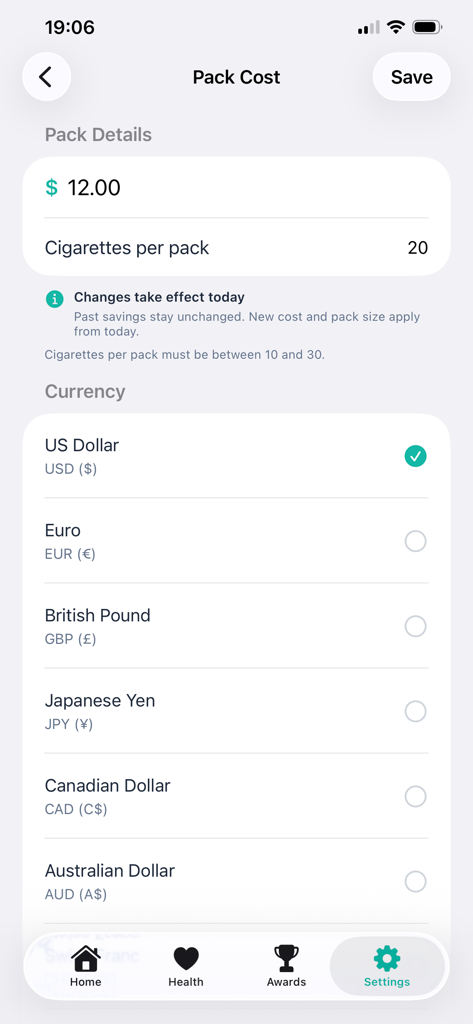 Settings screen in SmokeFree Journey app to configure cigarette pack cost and currency selection.
