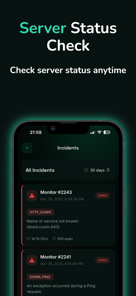 A mobile interface for the Uptime Checker app displaying a list of server downtime incidents and HTTP monitoring alerts.
