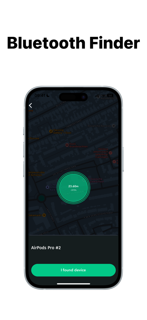 Interface do aplicativo móvel mostrando um mapa de radar Bluetooth rastreando a distância dos AirPods Pro perdidos
