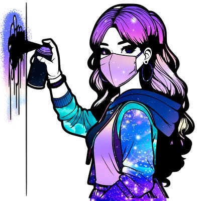 realistic girl with mask spray painting a wall