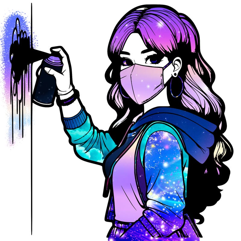 realistic girl with mask spray painting a wall