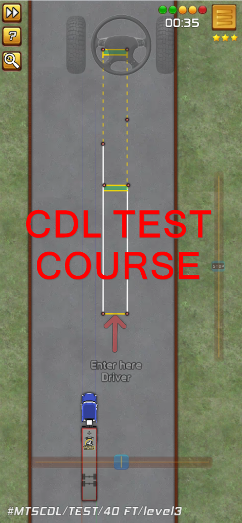My U.S. Trucking Skills - Top-down view of a semi-truck driving simulator showing a CDL test course maneuver
