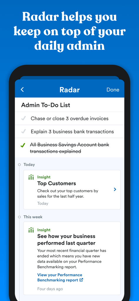 FreeAgent app Radar screen showing admin to-do list and business insights
