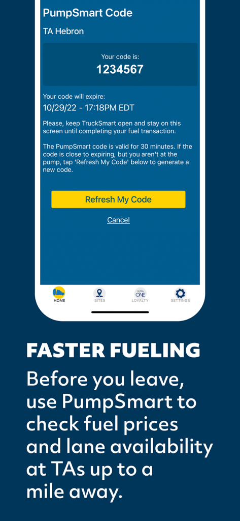 TruckSmart app PumpSmart screen showing a fueling code for truck drivers