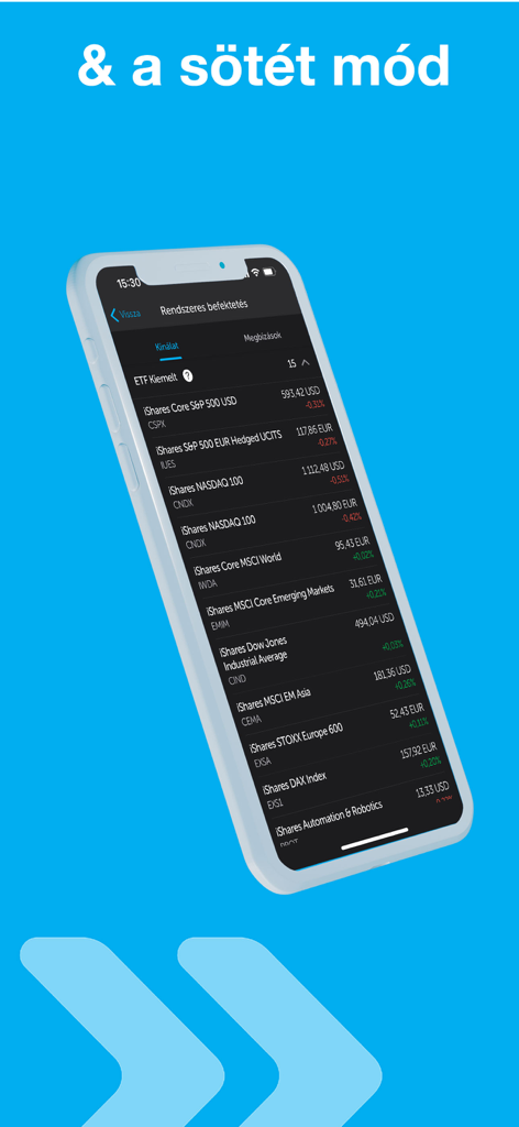 Interfaz de la aplicación KH mobiltrader en modo oscuro que muestra una lista de varios productos de inversión ETF