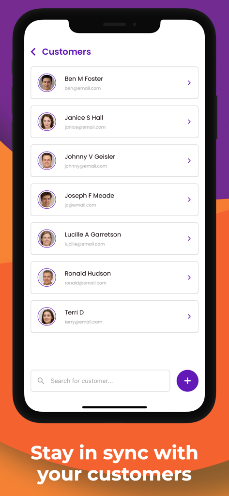 Picktime - Mobile app screen showing a list of customers in the Picktime scheduling platform