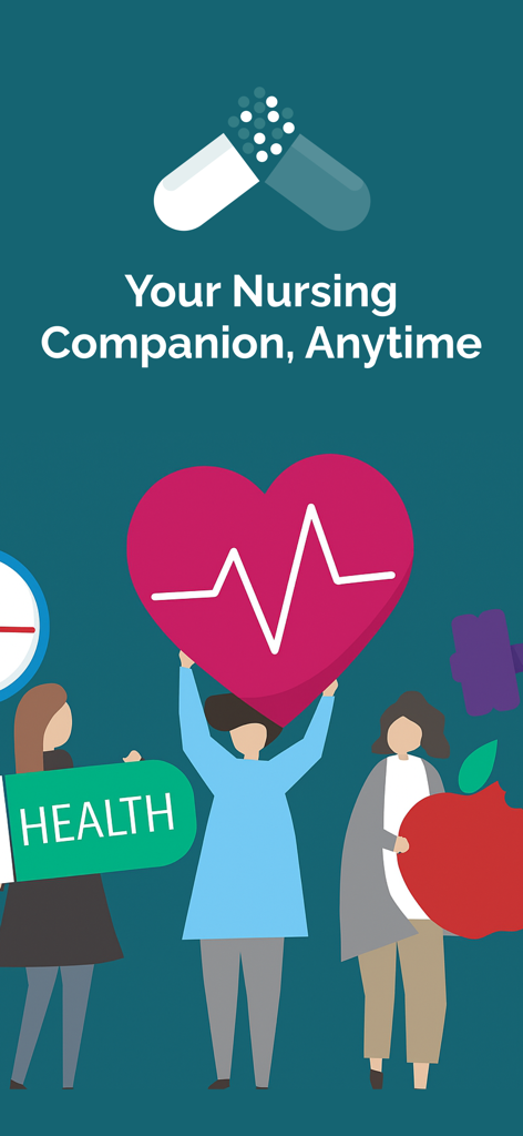Nurse AI app intro screen with the text Your Nursing Companion Anytime and illustrations of nurses holding health related icons