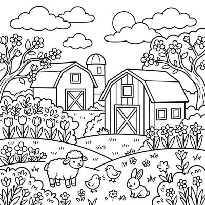Welcome to a charming spring farm scene, perfect for little artists! Color in two cozy barns, fluffy sheep, playful chicks, and a cute bunny amidst blooming flowers and sunny skies.