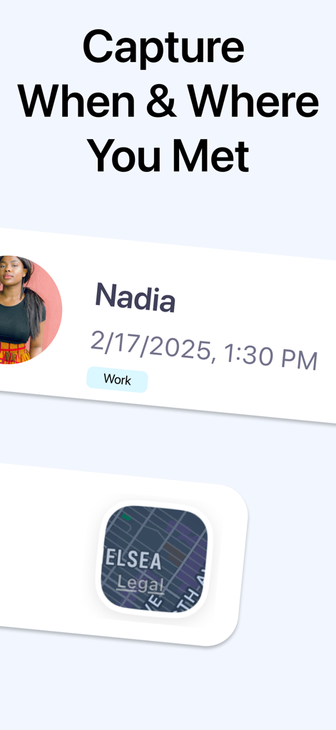 Recent Contacts: When & Where - Una tarjeta de contacto en la aplicación que muestra el nombre, la fecha, la hora y un mapa de la ubicación donde se conoció a la persona